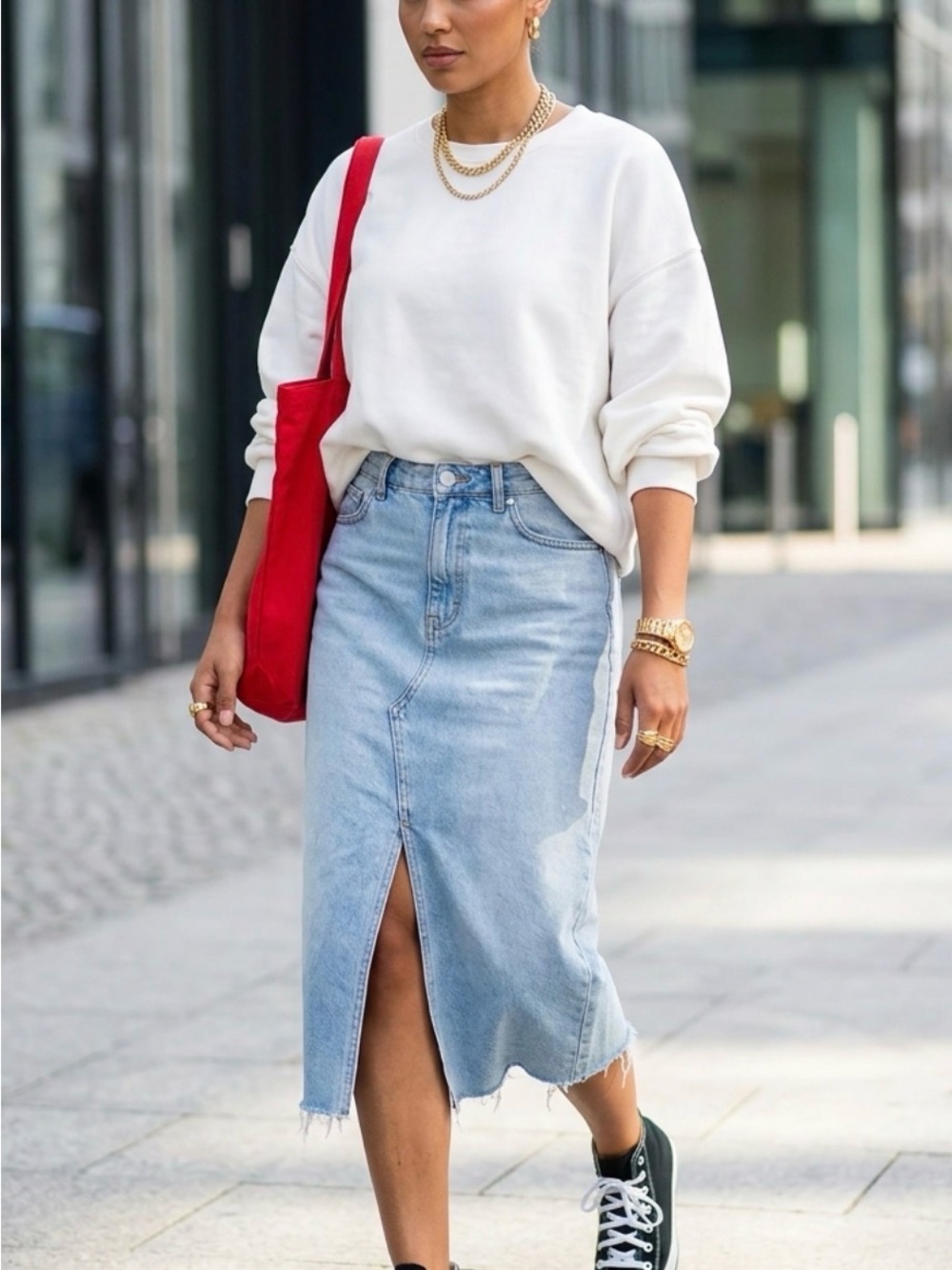 Hollister Light Blue Denim Midi Skirt with Front Slit